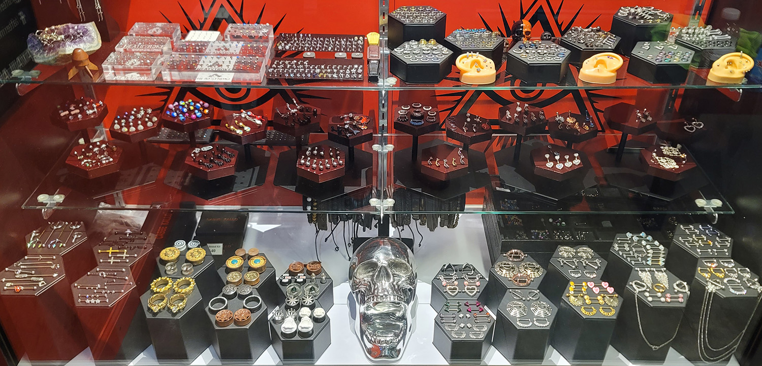 image of the front end jewelry display at Heatstroke Tattoo and Piercing Shop