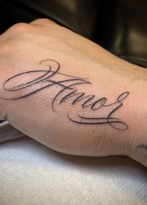 Amor Calligraphy Hand Tattoo - Heatstroke Tattoo