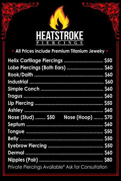 image of Heatstroke Tattoo and Piercing Price menu
