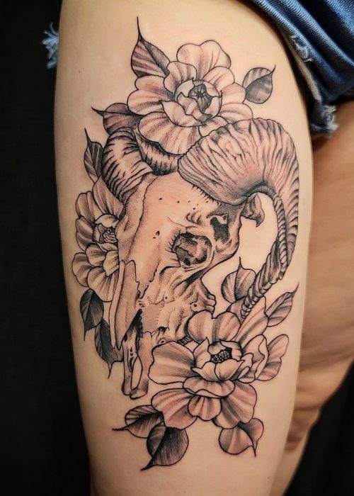 Ram Skull and Flowers Tattoo - Heatstroke Tattoo